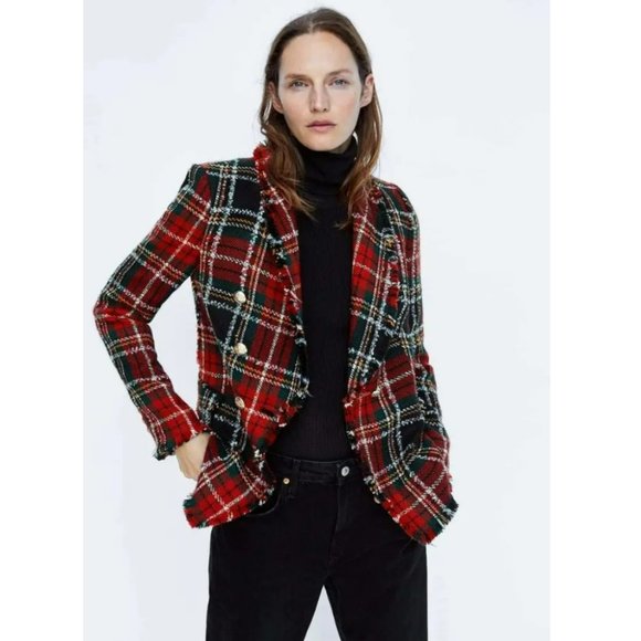 ZARA | RARE Plaid Tweed Red Checkered Frayed Hem Collared Blazer (Size XS) - Picture 6 of 15